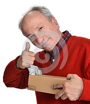 Lucky old man holding box with dollar bills