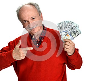 Lucky old man holding dollar bills