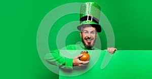Lucky Patricks day. Happy St Patricks Day concept with pot of gold. Patricks board for Copy space. Patricks Day Pot of