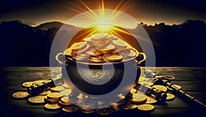 a lucky pot gold jackpot money luck wealth fortune lottery rich success dollar riches irish coins holiday golden treasure Ireland