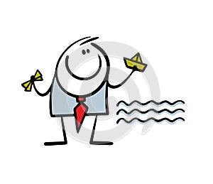 Lucky, rich stickman man holds a lot of money in hand. Vector illustration businessman makes paper boats out of dollars