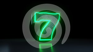 Lucky Seven Jackpot Symbol With Neon Green Lights Isolated On the Black Background - 3D Illustration