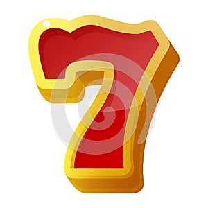 Lucky seven red sign, icon. Gambling casino, slot machine element. Winning 7 number, digit, numeral. Jackpot.