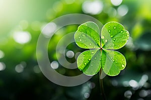 Lucky shamrock grass, four leaf clover with dew closeup