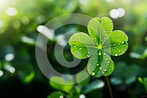 Lucky shamrock grass, four leaf clover with dew closeup