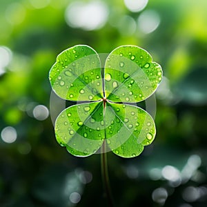 Lucky shamrock grass, four leaf clover with dew closeup