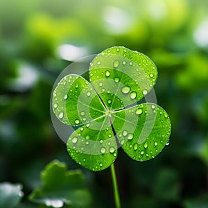 Lucky shamrock grass, four leaf clover with dew closeup