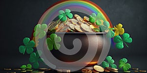 Lucky shamrocks with golden bokeh glitter. Pot of gold at the end of the Rainbow. St. Patrick's Day background.