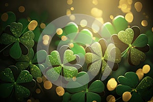 Lucky shamrocks with golden bokeh glitter. St. Patrick's Day background. Luck of the Irish. Four Leaf clover