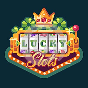 Lucky slots. Slot machine with crown and shamrock. Casino flat illustration