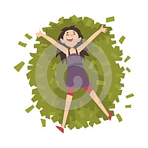 Lucky Successful Rich Girl Millionaire, Happy Wealthy Young Woman Lying on Pile of Money Vector Illustration