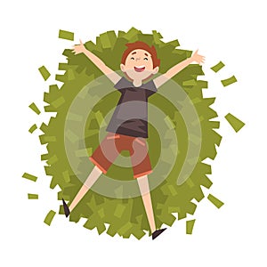 Lucky Successful Rich Guy Millionaire, Happy Wealthy Person Lying on Pile of Money Vector Illustration