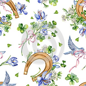 Lucky symbol horseshoe and flowers in botanical art watercolor seamless pattern isolated on white. Painted saffron