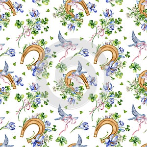 Lucky symbol horseshoe and flowers in botanical art watercolor seamless pattern isolated on white. Painted saffron