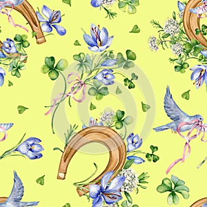 Lucky symbol horseshoe and flowers in botanical art watercolor seamless pattern isolated on yellow. Painted saffron