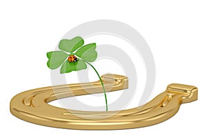 Lucky symbols golden horseshoe shamrock and ladybug isolated on