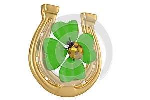 Lucky symbols golden horseshoe shamrock and ladybug isolated on