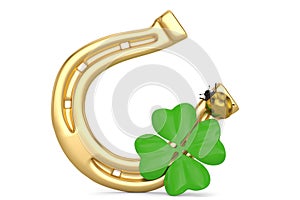 Lucky symbols golden horseshoe shamrock and ladybug isolated on