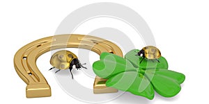 Lucky symbols golden horseshoe shamrock and ladybug isolated on
