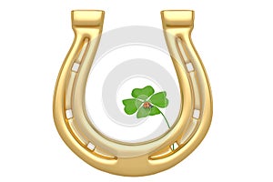 Lucky symbols golden horseshoe shamrock and ladybug isolated on