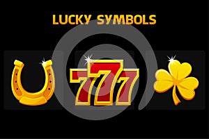 Lucky symbols - seven, clover and horseshoe. Golden icons for slots and casino game