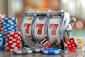 Lucky Triple Sevens Jackpot on Slot Machine with Casino Chips and Dice on Vibrant Background