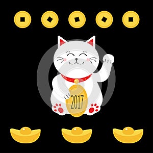 Lucky white cat sitting and holding golden coin 2017 text.