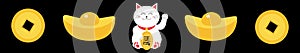 Lucky white cat sitting and holding golden coin. Chinese gold Ingot Money Japanese Maneki Neco kitten waving hand paw. Cute