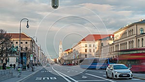 Ludwigstrasse and St.Ludwig church as seen from Odeonsplatz timelapse. Munich, Germany