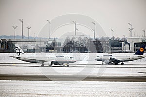 Lufthansa and Aegean plane getting ready to take off, Munich Airport, Germany