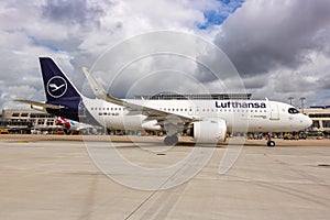 Lufthansa Airbus A320neo airplane Stuttgart airport in Germany