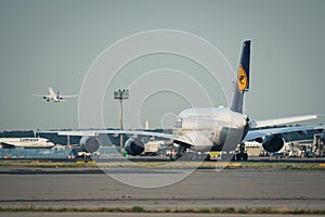 Lufthansa Airbus A380 is towing at Frankfurt am Main airport