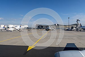 Lufthansa aircraft parking at the apron in Frankfurt, Germany