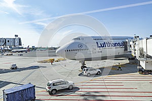 Lufthansa aircraft  parking at the terminal of  Boston Logan international airport