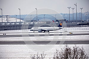 Lufthansa Airbus plane doing taxi, Munich Airport MUC