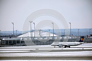 Lufthansa Airbus plane doing taxi, Munich Airport MUC