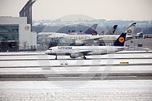 Lufthansa Airbus plane doing taxi, Munich Airport MUC