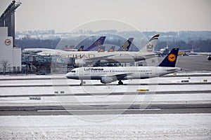 Lufthansa Airbus plane doing taxi, Munich Airport MUC