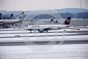 Lufthansa Airbus plane doing taxi, Munich Airport MUC