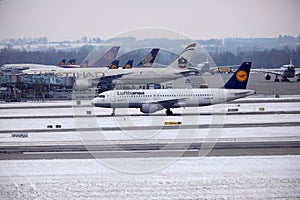 Lufthansa Airbus plane doing taxi, Munich Airport MUC