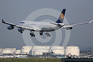 Lufthansa Airbus A340 plane landing at Frankfurt Airport FRA