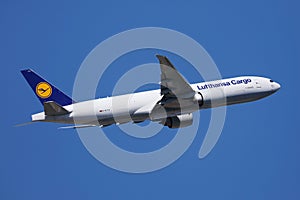 Lufthansa Cargo plane flying up in the sky