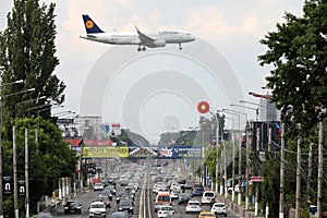 Lufthansa plane approaching Henri Coanda International Airport in Bucharest
