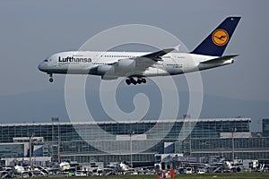 Lufthansa A380 plane approaching airport, Frankfurt Airport FRA
