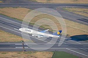 Lufthansa 747 taking off in Boston