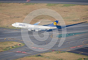 Lufthansa 747 taking off in Boston