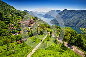 Lugano city, Lugano lake and Monte San Salvatore from Monte Bre, Ticino, Switzerland