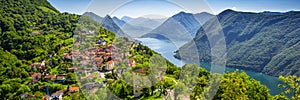 Lugano city, Lugano lake and Monte San Salvatore from Monte Bre, Ticino, Switzerland photo