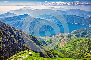 Lugano city, San Salvatore mountain and Lugano lake from Monte Generoso, Canton Ticino, Switzerland