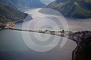 View of Melide Dam Ponte diga di Melide from San Salvatore mountain, Lugano, Ticino, Switzerland photo